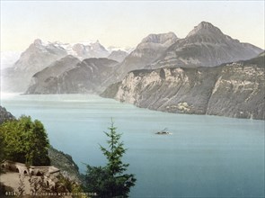 Seelisberg and Bauen, Vierwaldstaettersee, Switzerland, Historic, digitally restored reproduction