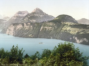 Seelisberg and Bauen, Vierwaldstaettersee, Switzerland, Historic, digitally restored reproduction