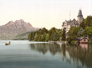 Hertenstein Castle, Vierwaldstaettersee, Switzerland, Historical, digitally restored reproduction