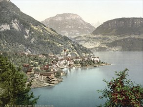 Gersau and Frohnalpstock, Vierwaldstaettersee, Switzerland, Historical, digitally restored