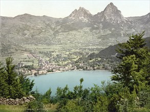 Fountain and the myths, Vierwaldstaettersee, Switzerland, Historical, digitally restored