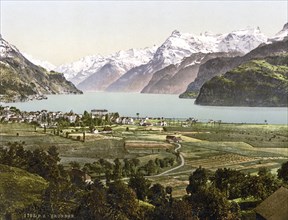 Fountain and the Alps, Lake Lucerne, Switzerland, Historical, digitally restored reproduction from