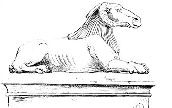 Ancient Egyptian sphinx, ram sphinx lying, historical illustration 1880, Orient