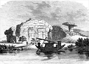 Quarry of Hajar Silsilah on the Nile, river bank, wooden boat, rocks, Egypt, historical