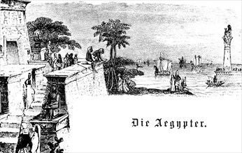 Egyptians on the Nile, river navigation, dhow, lighthouse, palm trees, people, temple, Egypt,