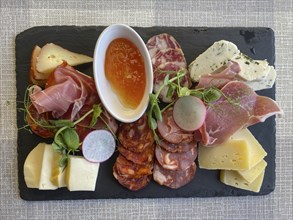 Mixed appetiser platter with cheese, sausage, jam, food, Algarve, Portugal, Europe