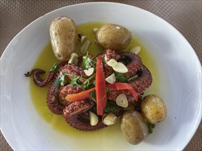 Squid, octopus, Portuguese Lagareiro style, olive oil, garlic, potatoes, vegetables, food, Algarve,