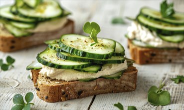 Cucumber and hummus sandwiches on whole grain bread on a light wooden background AI generated