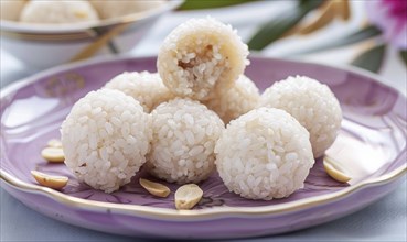 Chinese glutinous rice balls with sweet fillings on a pastel purple plate AI generated