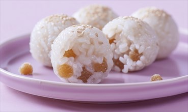 Chinese glutinous rice balls with sweet fillings on a pastel purple plate AI generated