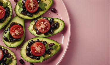 Avocado and black bean stuffed cherry tomatoes on a pastel pink plate AI generated