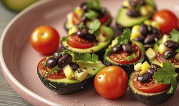 Avocado and black bean stuffed cherry tomatoes on a pastel pink plate AI generated