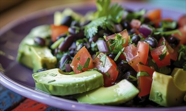 Avocado and black bean salad on a pastel purple plate AI generated