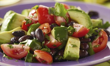 Avocado and black bean salad on a pastel purple plate AI generated