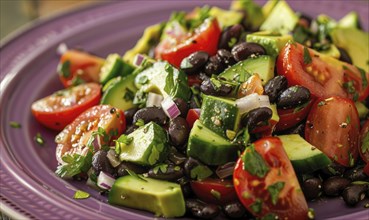 Avocado and black bean salad on a pastel purple plate AI generated