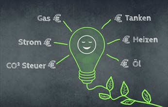 Green light bulb with a plant cable, words like fuel costs, electricity price in german language,