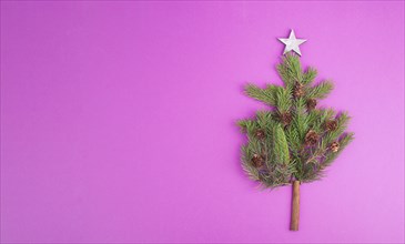 Christmas tree made from fir branches, pine cones and a cinnamon stick as the trunk, pink greeting