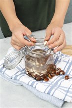 Preparing chestnut liquid soap, cutting buckeye and putting it into a jar with water, alternative