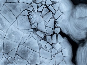 Aerial view of frozen lake, ice floes, winter, Storvatnet, Flakstadoya, Lofoten, Norway, Europe