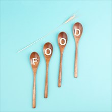 Wooden spoons with the word food and wheat ears, prices increase, crisis and shortages, supply