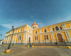 View of a colorful colonial church. Architectural details of a colorful colonial cathedral