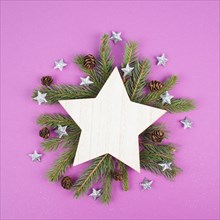 Christmas holiday background with a star, frame with fir branches and pine cones, winter season