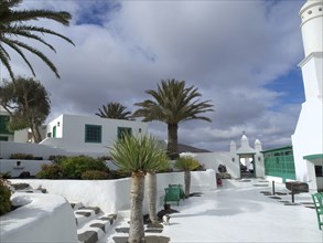 White buildings with palm trees and gardens under a cloudy sky, arrecife, Lanzarote, Canary