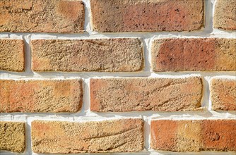 Close-up of a brick wall with red and brown bricks, showcasing texture and detailed masonry,