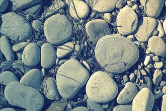 A collection of smooth and rough stones and pebbles in varying shades of gray and beige, background