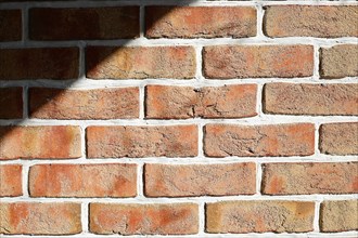 Sunlight and shadow on a textured red brick wall with white mortar, background image