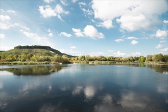 Biodiversity Haff Reimech, wetland and nature reserve in Luxembourg, pond surrounded by reed and