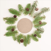 Christmas holiday background, frame with fir branches and cones, winter season greeting card with