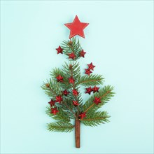 Christmas tree made from fir branches, red stars and a cinnamon stick as the trunk, greeting card