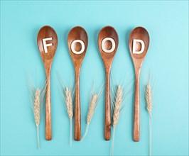 Wooden spoons with the word food and wheat ears, prices increase, crisis and shortages, supply