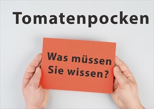 The words tomato pox, what you need to know, are standing in german language on a paper, outbreak