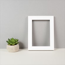 Home interior poster mock up with wooden frame, cactus in a pot, gray wall background, copy space