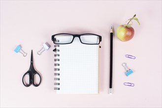 Empty notebook with a pen, eyeglasses and an apple on a pastel colored desk, brainstorming for new