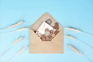 Envelope with wheat and Euro banknotes, food shortage and increasing prices, poverty through