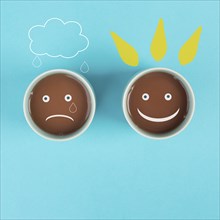 Cup of coffee with a sad and a happy face, positive and negative mindset, support and evaluation