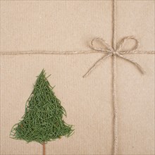 Christmas tree made from fir needles on a gift box, holiday greeting card, winter season