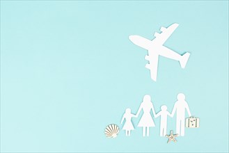 Family is going on vacation with an airplane, taking a flight for a summer holiday, greeting card,