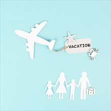 Family is going on vacation with an airplane, taking a flight for a summer holiday, greeting card,