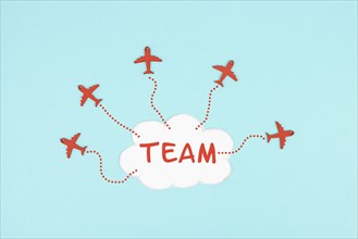 Red airplanes flying out of a cloud, brainstorming for ideas in a team, startup in business, having