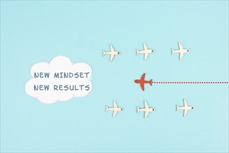 Red airplane is flying to the cloud with the words new mindset new results, changing lifestyle,