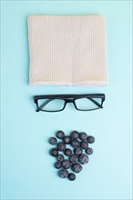 Human face made with a wool hat, glasses and blueberries as a beard, funny minimalist portrait, eco