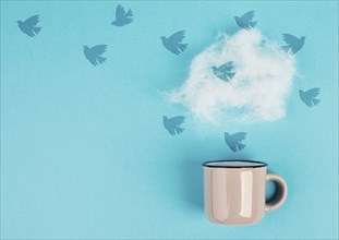 Cup of coffee with a steam cloud, birds flying to the sky, pastel colors, brainstorming for ideas,