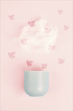 Cup of coffee with a steam cloud, birds flying to the sky, pastel colors, brainstorming for ideas,