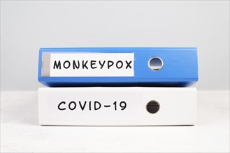 The words monkeypox and Covid-19 are standing on a folder, outbreak of virus infectious disease,