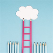 Ladder of success build with pencils, opportunity strategy, blue background, copy space for text,