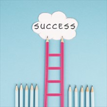 Ladder of success build with pencils, opportunity strategy, blue background, copy space for text,